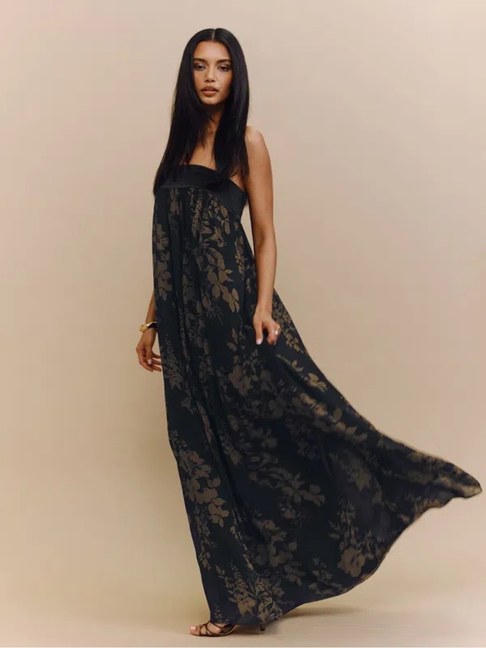 Reformation Black Maxi Dress with Bronze Floral Print